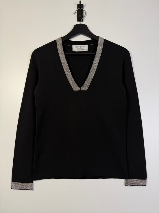 Yves Saint Laurent Sweaters - Yves Saint Laurent Metallic Trim V-Neck Knit Sweater XS Black Silver